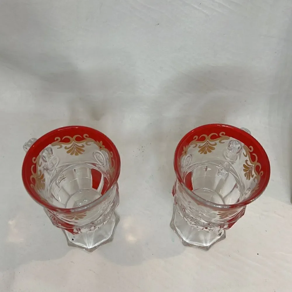 Bohemian Pressed Glass Mug 6 Oz 5 In Tall 2 3/4 In Round Red Gold Set Of 2